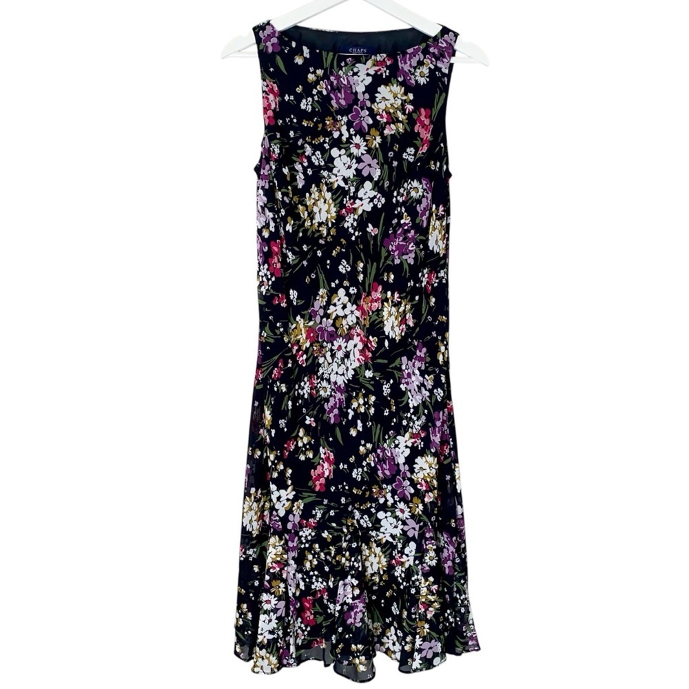 CHAPS Dress Midi Lined Chiffon Sleeveless Boat Neck Black Floral Women Size 10